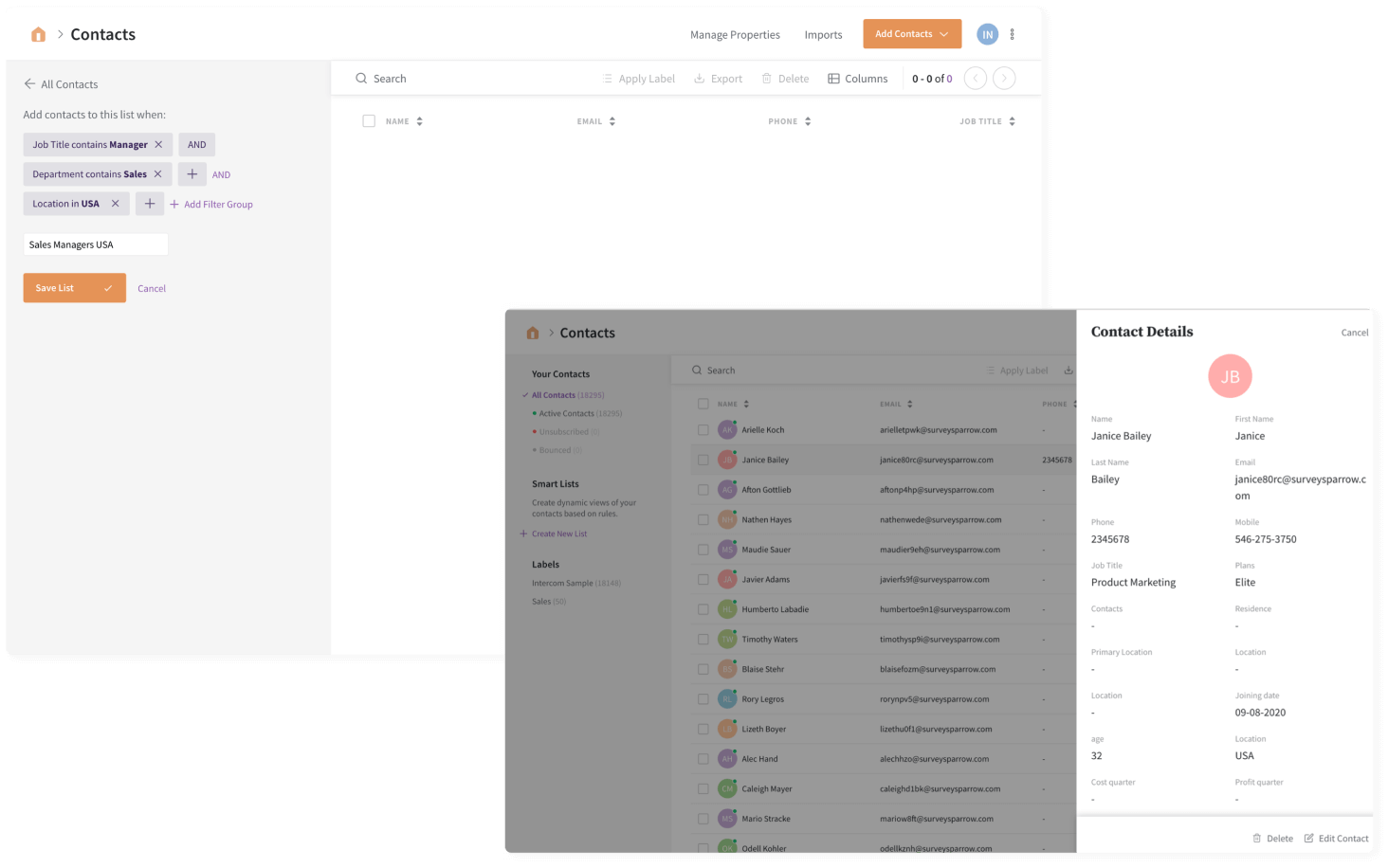 Stay connected with your favorite CRM or HRM tools under one platform with SurveySparrow’s built-in contact management.